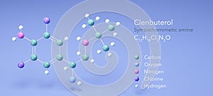 clenbuterol molecule, molecular structures, sympathomimetic amine, 3d model, Structural Chemical Formula and Atoms with Color