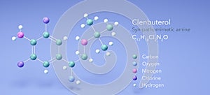 clenbuterol molecule, molecular structures, sympathomimetic amine, 3d model, Structural Chemical Formula and Atoms with Color photo