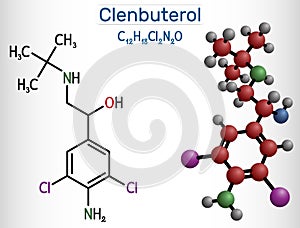 Clenbuterol molecule. It is sympathomimetic amine, decongestant and bronchodilator, used in respiratory conditions, in