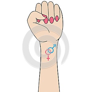 Clenched fist. On the arm is a tattoo with the symbol of heterosexuality. Sign of protest. Vector illustration. Female hand.