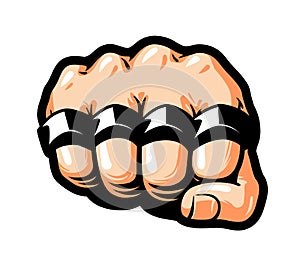 Clenched fist, brass knuckles. Gangster, thug, bandit symbol. Cartoon vector illustration photo