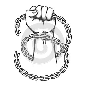Clenched Fist and Broken Chains drawn in engraving style