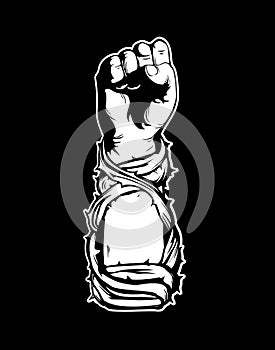 Clenched fist held high in protest.