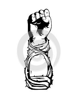 Clenched fist held high in protest.