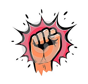 Clenched fist held high in protest. Strength, force vector illustration