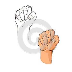 Clenched fist of raised hand. Logo illustration of freedom, revolution, protest and fight for rights. Silhouette of a male fist