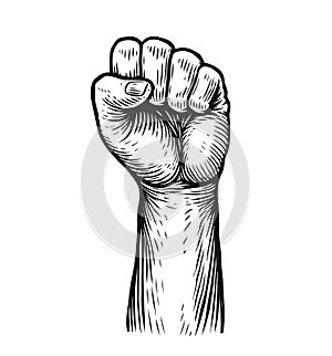 Clenched fist raised up. Strong, strength sketch vector illustration