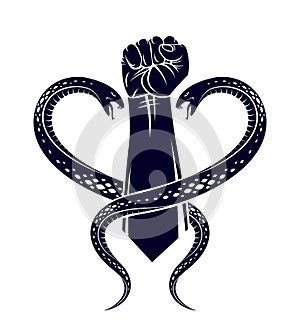 Clenched fist with two snakes classic style tattoo vector vintage symbol.