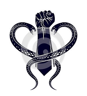 Clenched fist with two snakes classic style tattoo vector vintage symbol. photo
