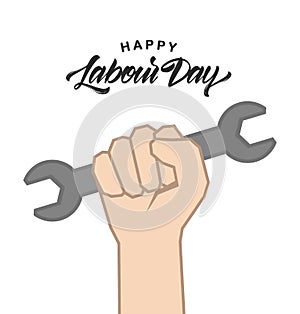 Clenched fist with wrench, Poster with hand lettering of Happy Labour Day 1st of May