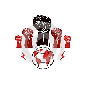 Clenched fists of angry people vector emblem composed with Earth