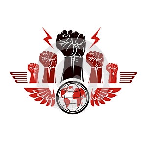 Clenched fists of angry people winged vector emblem composed wit