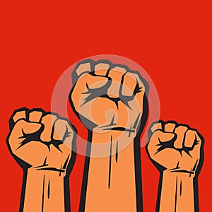Clenched fists raised in protest. Three human hands raised in the air. Vector illustration.