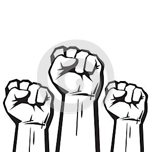 Clenched fists raised in protest. Vector.