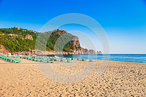 Cleopatra beach with beautiful sand and green rocks in Alanya peninsula, Antalya district, Turkey, Asia. Famous tourist