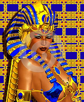 Cleopatra digital art fantasy set on a gold and blue abstract background.