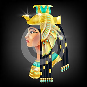 Cleopatra face, Egyptian pharaoh queen, ancient goddess portrait, Egypt woman black hair, gold crown.