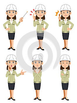 A clerical woman wearing a helmet and work clothes, 6 different facial expressions and gestures