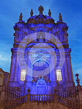 Clerigos Church landmark in Porto, Portugal at night at dusk at twilight exterior view