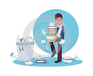 Clerk with document folders, stacks of papers goes to garbage bin