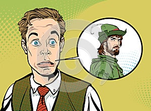 Clerk and hero. Dreaming to be a superhero. Businessman and Robin Hood. Concept idea of advertisement and promo. Pop art