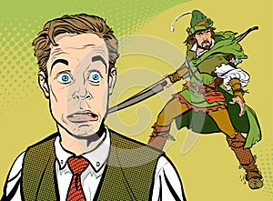 Clerk and hero. Dreaming to be a superhero. Businessman and Robin Hood. Concept idea of advertisement and promo. Pop art