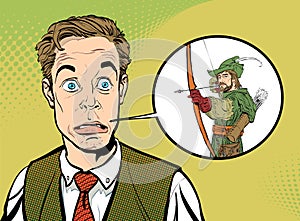 Clerk and hero. Dreaming to be a superhero. Businessman and Robin Hood. Concept idea of advertisement and promo. Pop art