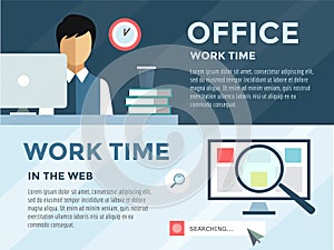 Clerk in office infographic. Work, time, loupe and