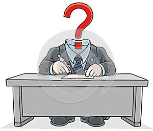 Clerk with a question mark instead of his head photo