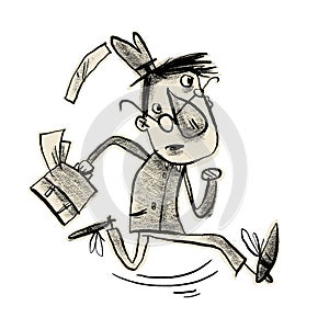 The clerk runs to work. Comic character. Illustration