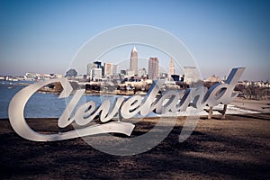 Cleveland sign overlooking the cityscape of downtown Cleveland,Ohio