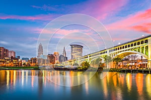 Cleveland, Ohio, USA downtown city skyline on the Cuyahoga River photo