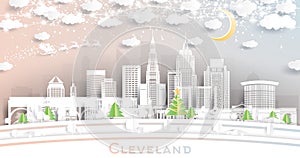 Cleveland Ohio USA. Winter City Skyline in Paper Cut Style with Snowflakes, Moon and Neon Garland. Christmas and New Year Concept