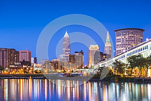 Cleveland skyline with reflection at night,cleveland,ohio,usa