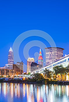 Cleveland skyline with reflection at night,cleveland,ohio,usa