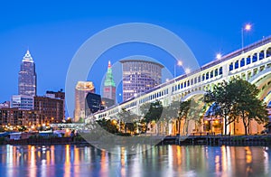 Cleveland skyline with reflection at night,cleveland,ohio,usa photo