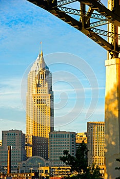 Cleveland towers under high bridge