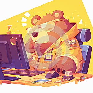 A clever bear software engineer cartoon style