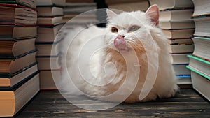 Clever beautiful white cat between books stacks in library. Domestic scientist kitty. Student pets, whisker in school