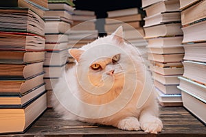 Clever beautiful white cat between books stacks in library. Domestic scientist kitty. Student pets, whisker in school