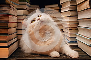 Clever beautiful white cat between books stacks in library. Domestic scientist kitty. Student pets, whisker in school