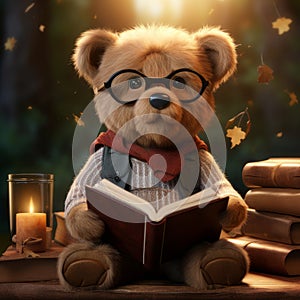 Clever Companion: Glasses-Clad Teddy Absorbed in Enchanting Storytime