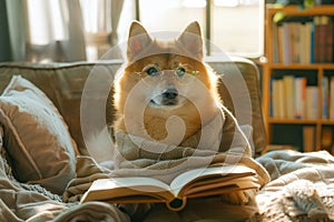A clever dog wearing glasses, sitting on sofa and reading a book