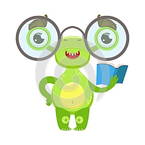 Clever Funny Monster With Glasses And Book, Green Alien Emoji Cartoon Character Sticker