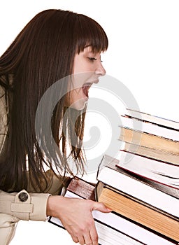 Clever girl with group old book.
