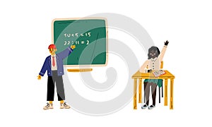 Clever Girl Sitting at Desk at School Lesson and Raising Her Hand to Answer and Boy Standing at Blackboard Vector Set