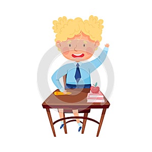 Clever Girl Sitting at Desk at School Lesson and Raising Her Hand to Answer Vector Illustration