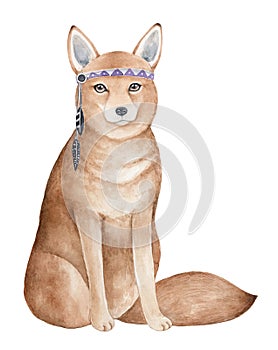 Clever intelligent fox character wearing feathered headgear with purple ornament.