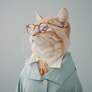 clever looking orange tabby cat wearing brown framed glasses, pale blue jacket, white shirt and orange tie