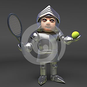 Clever medieval knight in armour invents tennis, 3d illustration